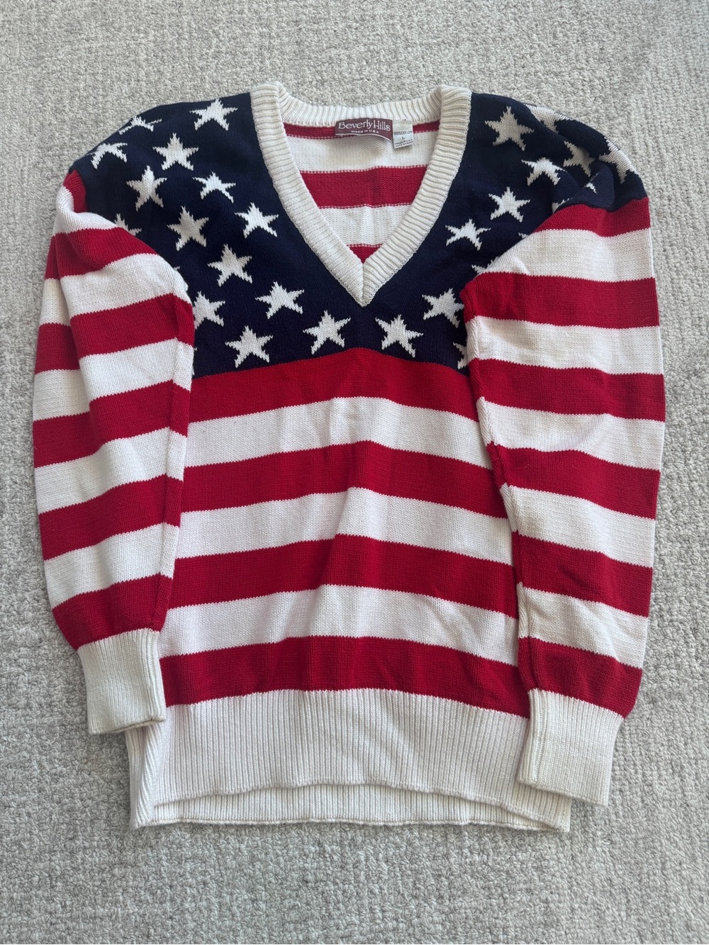 Beverly Hills Polo Club Patriotic Red White Blue V-Neck Sweater